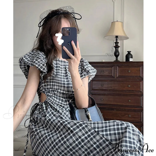 Plaid Puff Sleeve Dress with Hollow Out Design