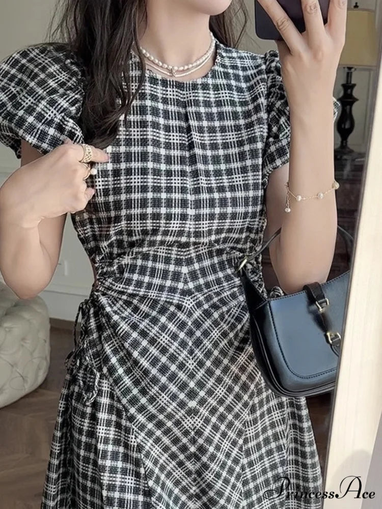 Plaid Puff Sleeve Dress with Hollow Out Design
