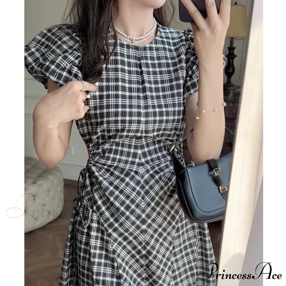 Plaid Puff Sleeve Dress with Hollow Out Design