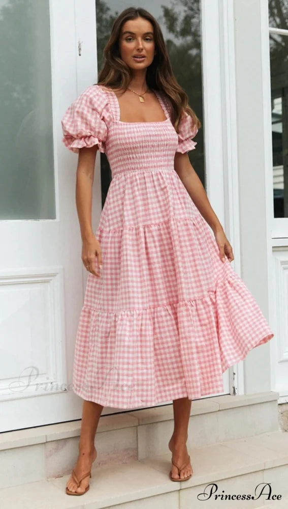 Plaid Puff Stylish Sleeve Midi Dress pink / S