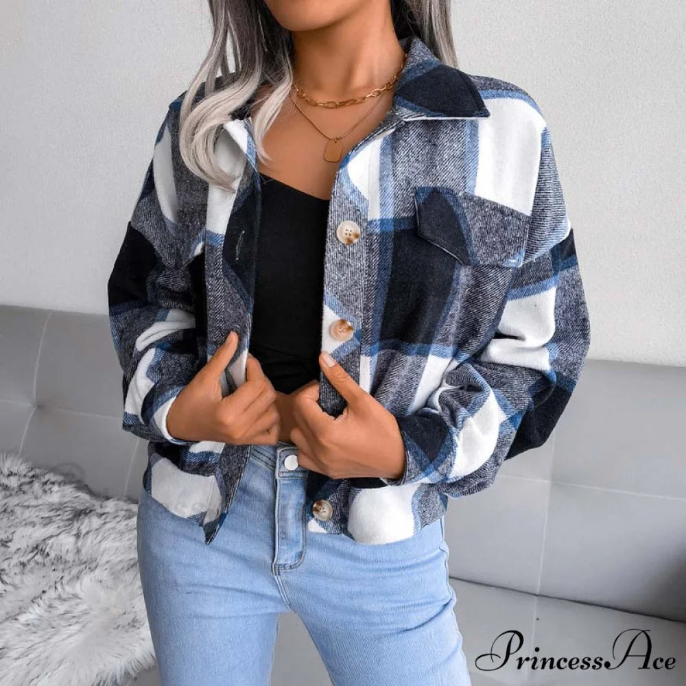 Plaid Retro Coat Navy Blue / S