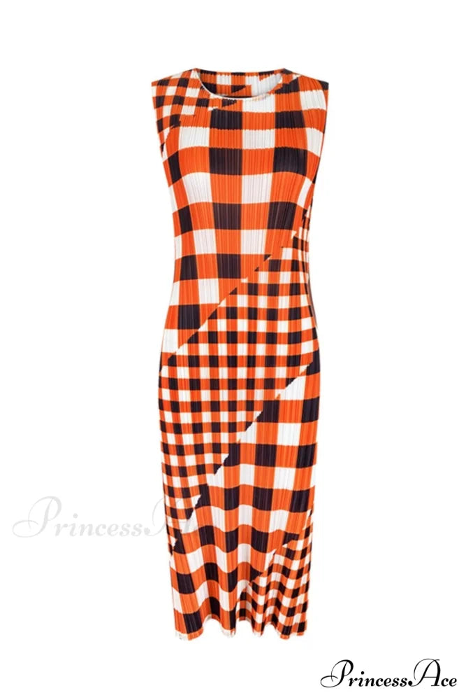 Plaid Sleeveless Pleated Dress Orange / One Size
