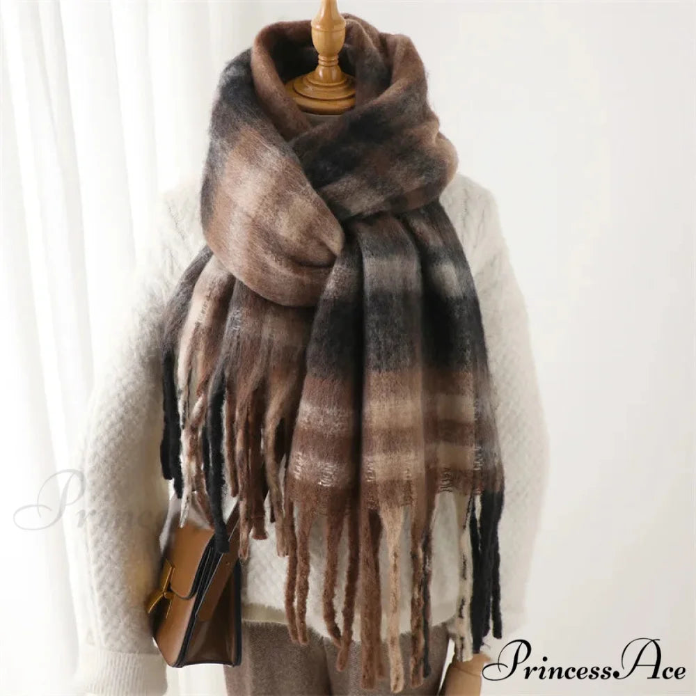 Plaid Striped Imitate Cashmere Outdoor Woman Scarf - Keep Warm and Soft Thick Coffee black / 220x52cm