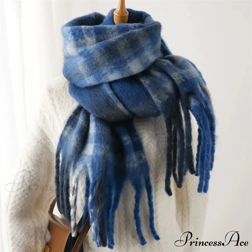 Plaid Striped Imitate Cashmere Outdoor Woman Scarf - Keep Warm and Soft Thick Dark Blue / 220x52cm