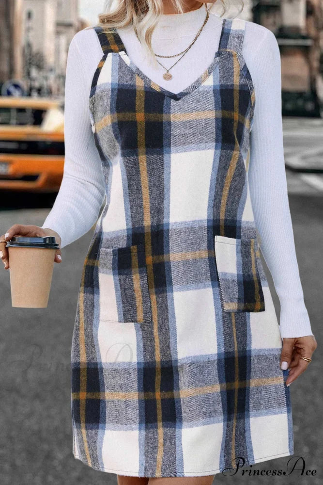 Plaid Tank Dress with V Neck Blue Coffee / L
