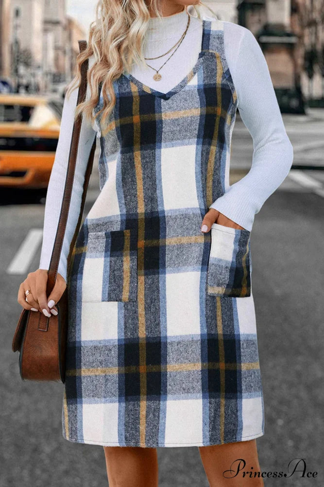 Plaid Tank Dress with V Neck Blue Coffee / M