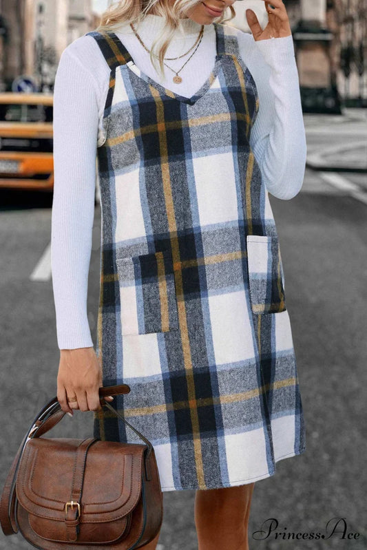 Plaid Tank Dress with V Neck Blue Coffee / S