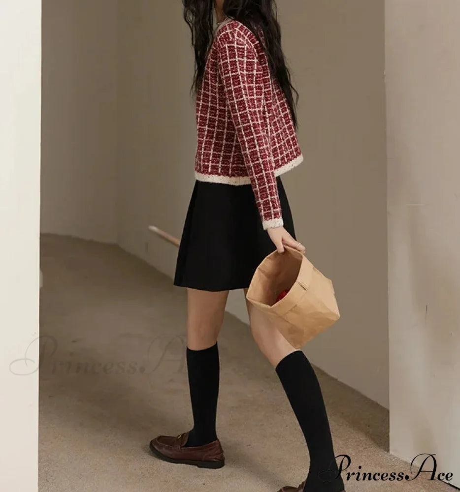 Plaid Tweed Retro Red O-Neck Cardigan Red / One Size