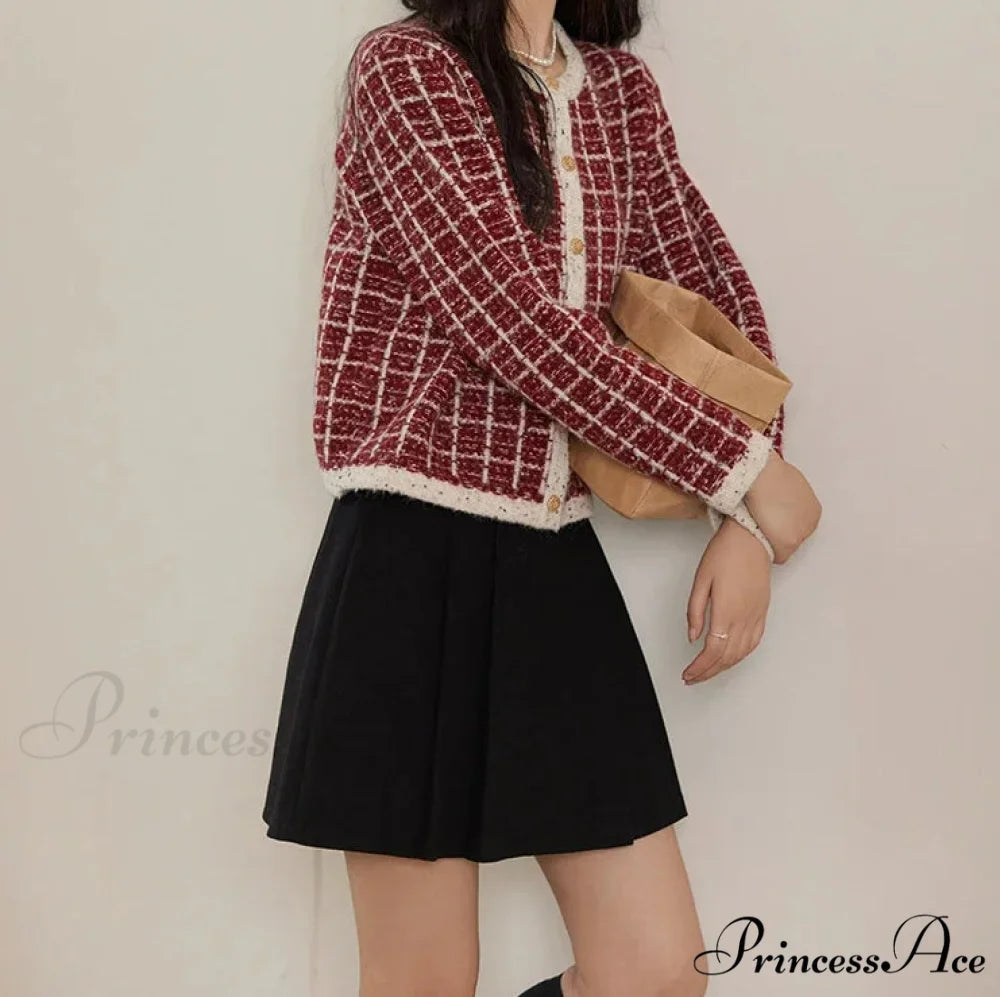 Plaid Tweed Retro Red O-Neck Cardigan Red / One Size