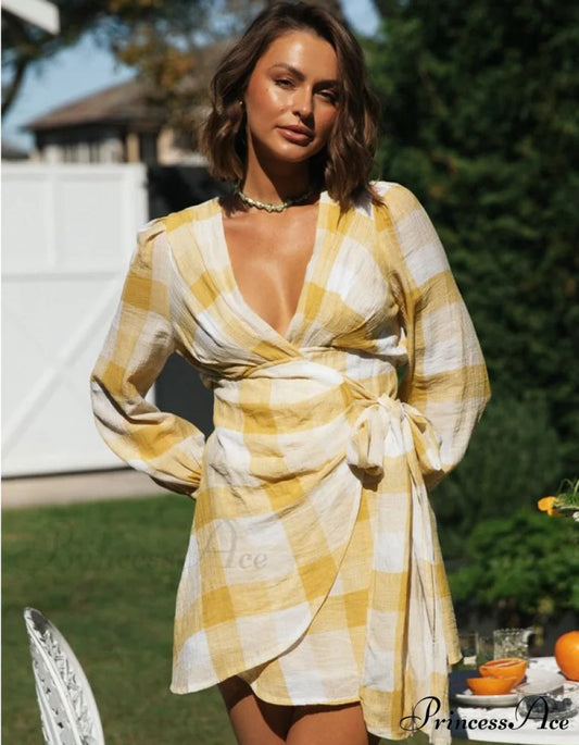 Plaid V-neck Mini Dress Women Country Style Long Sleeves Wrap Dresses S / YELLOW