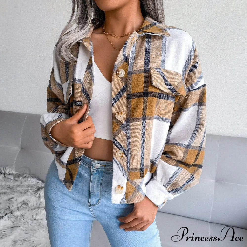 Plaid Vintage Pockets Oversized Jacket Khaki / S
