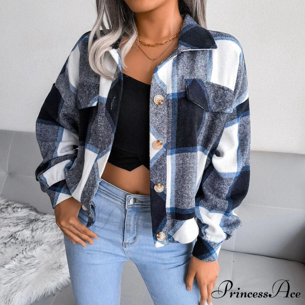 Plaid Vintage Pockets Oversized Jacket Navy Blue / S