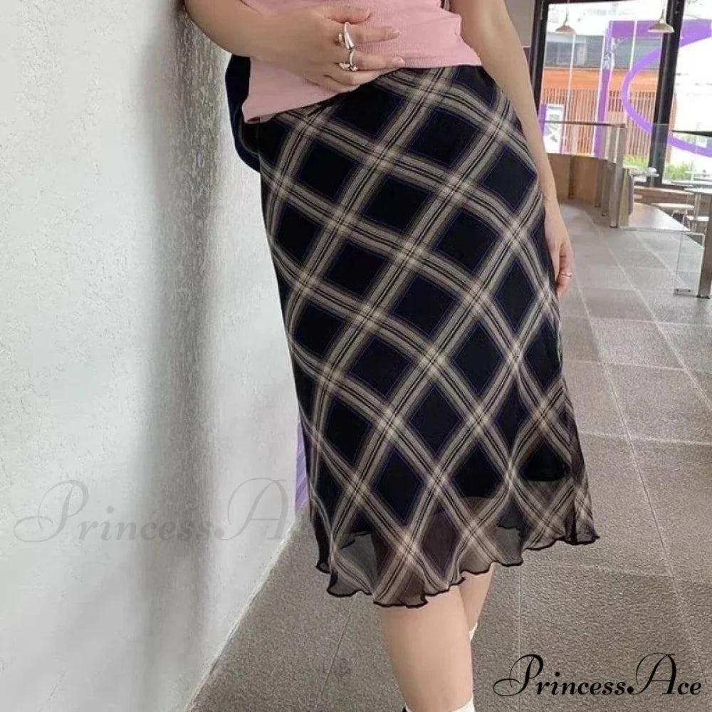 Plaid Vintage Ruffle Mid Skirt Aesthetics Tulle Skirt