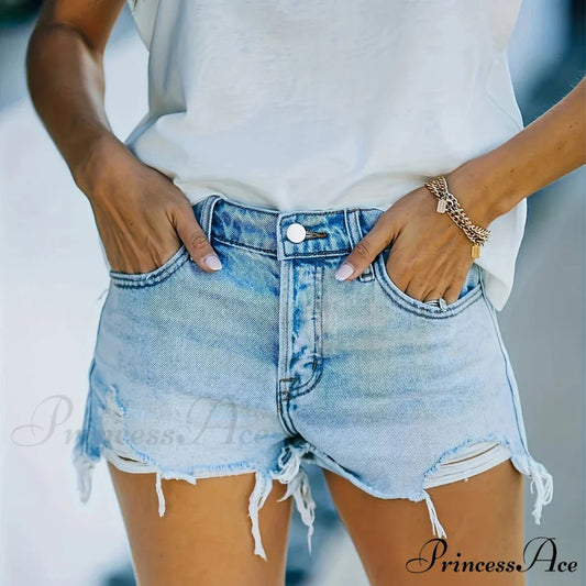 Plain Frayed Trim Denim Shorts Fringe Hem Slant Pockets Casual Short Denim Jean Sky blue / XS