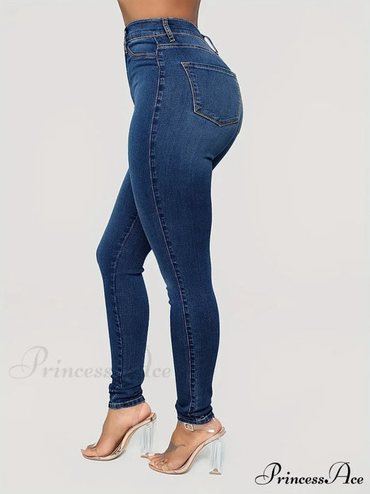 Plain High Waist Skinny High Rise Slim Fit Slash Pockets Casual Denim Jean