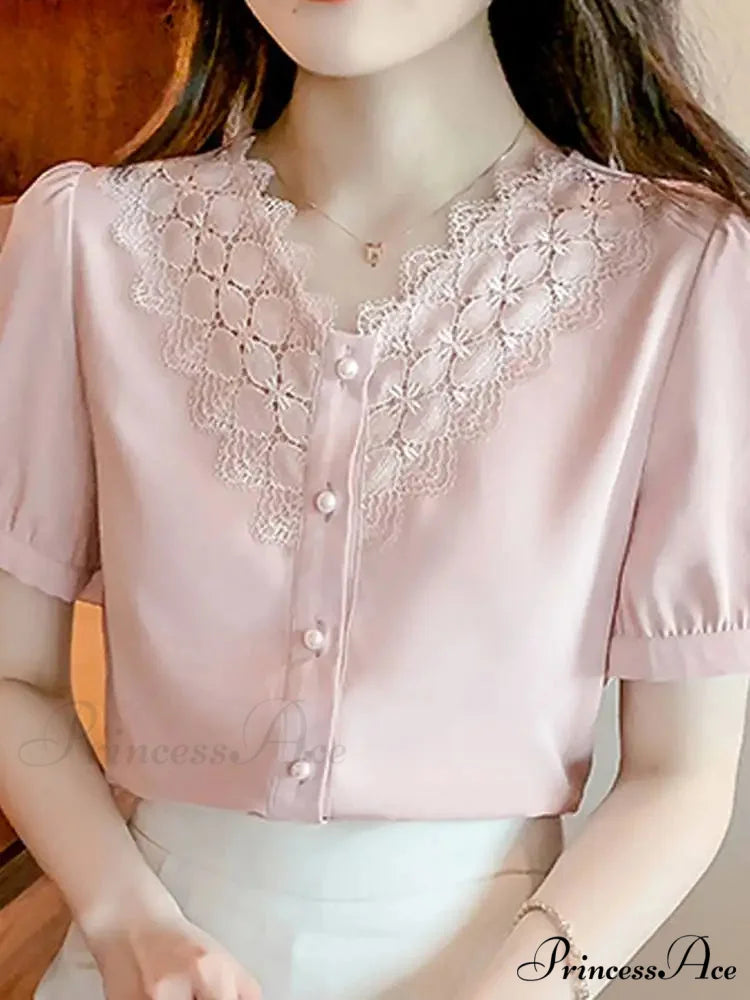 Plain Hue V Neck Short Sleeve Workplace Blouse Pink / S blouse-250126