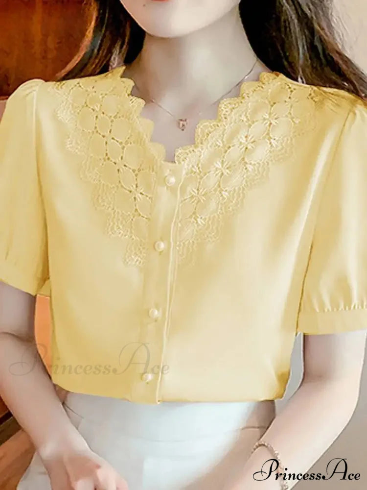 Plain Hue V Neck Short Sleeve Workplace Blouse Yellow / S blouse-250126