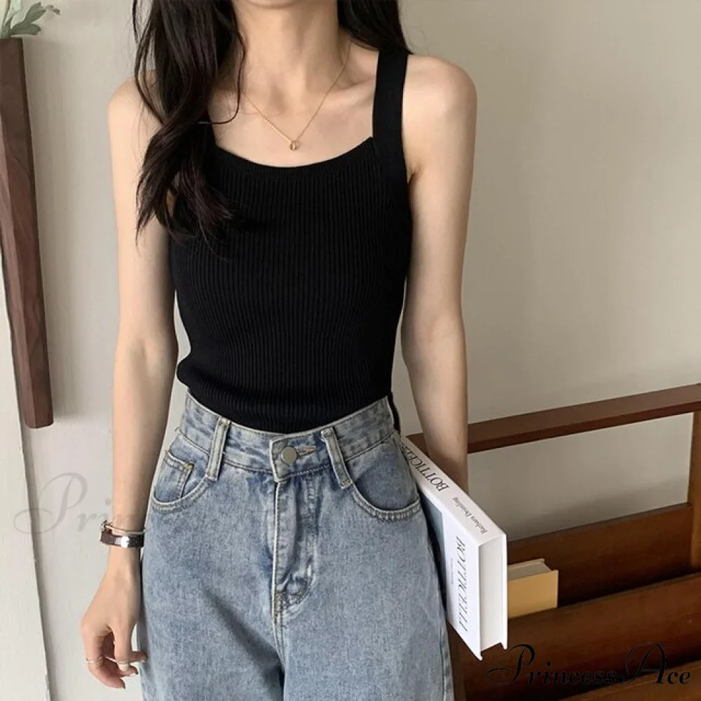 Plain Knitted Tank Tops BLACK / One Size