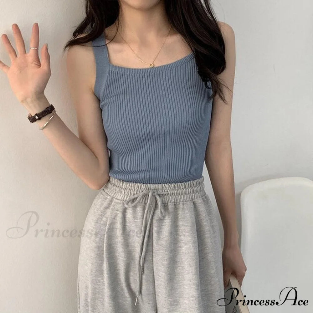 Plain Knitted Tank Tops BLUE / One Size