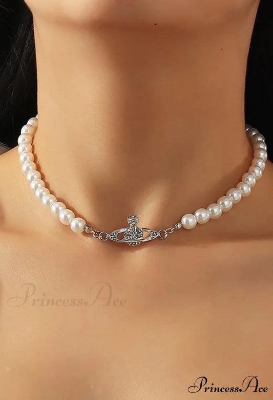 Planet Detail Graceful Faux Pearl Necklace Silver / One Size
