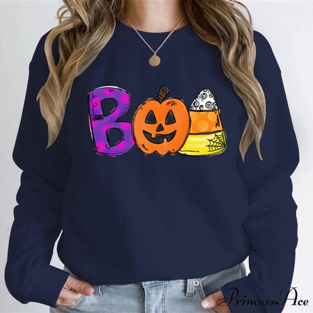 Playful Spooky Festive Pumpkin Graphic Cozy Hoodie DEEP BLUE / XS Sweatshirts & Hoodies-L