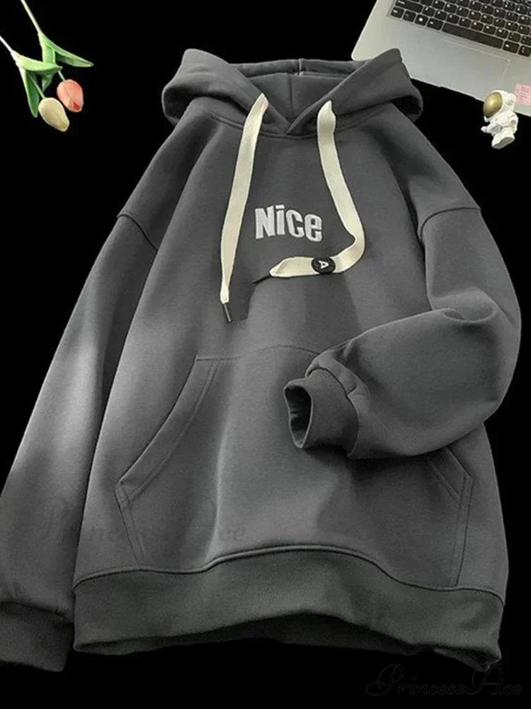 Pleasant Letter Print Cotton Fleece Hoodie Dark Grey / M(40-45KG) hoodies-241228
