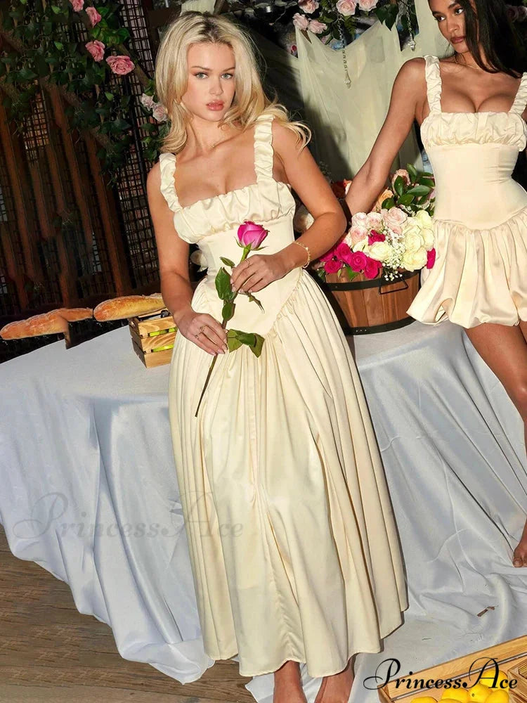 Pleated A-line Sophisticated Holiday Dress APRICOT / S vacationdress-250223