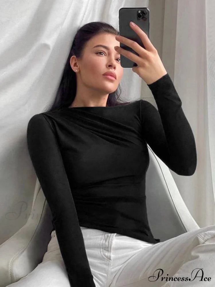 pleated color sleeve long Solid slim fit neck round T-shirt