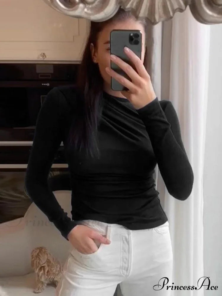 pleated color sleeve long Solid slim fit neck round T-shirt