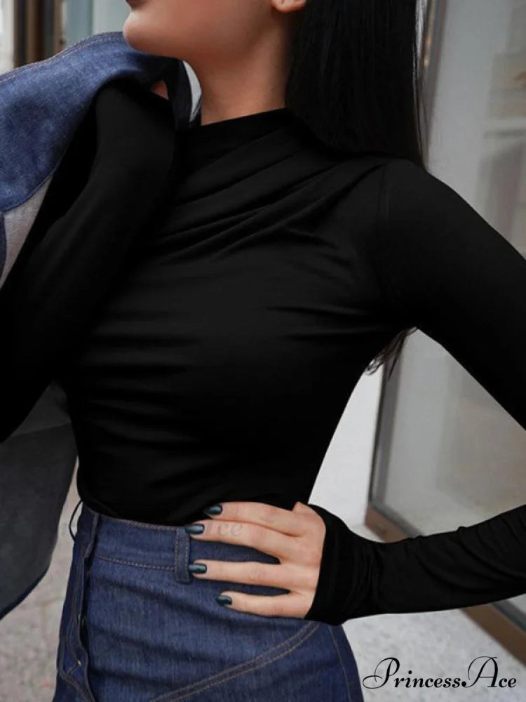 pleated color sleeve long Solid slim fit neck round T-shirt