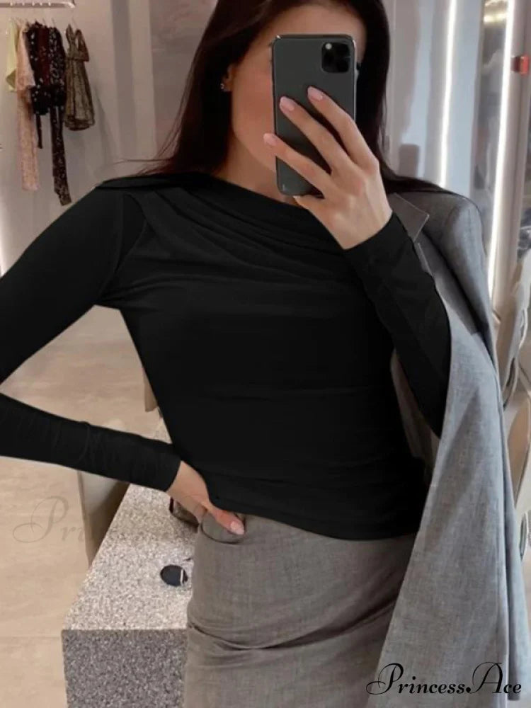 pleated color sleeve long Solid slim fit neck round T-shirt