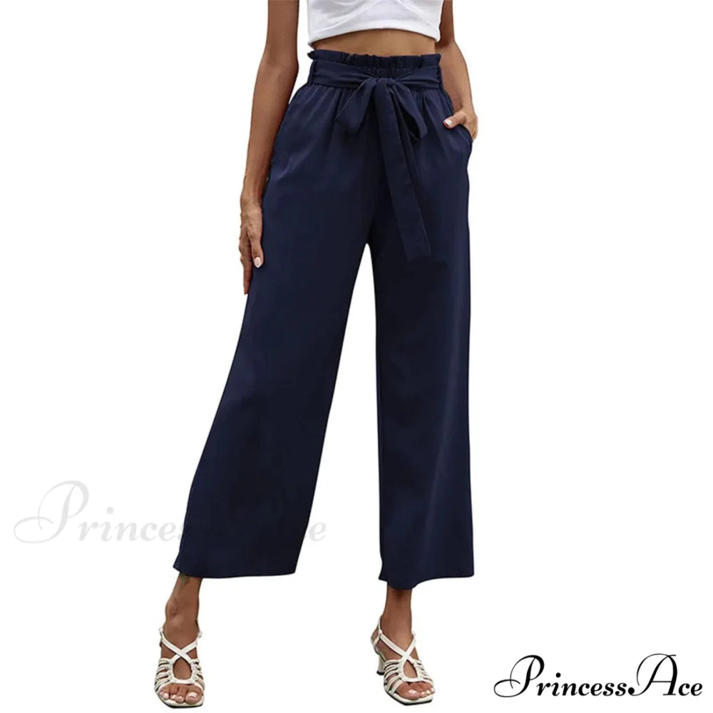 Pleated Cotton Linen Trousers with Ribbon Belt blue 1 / S pants-241228