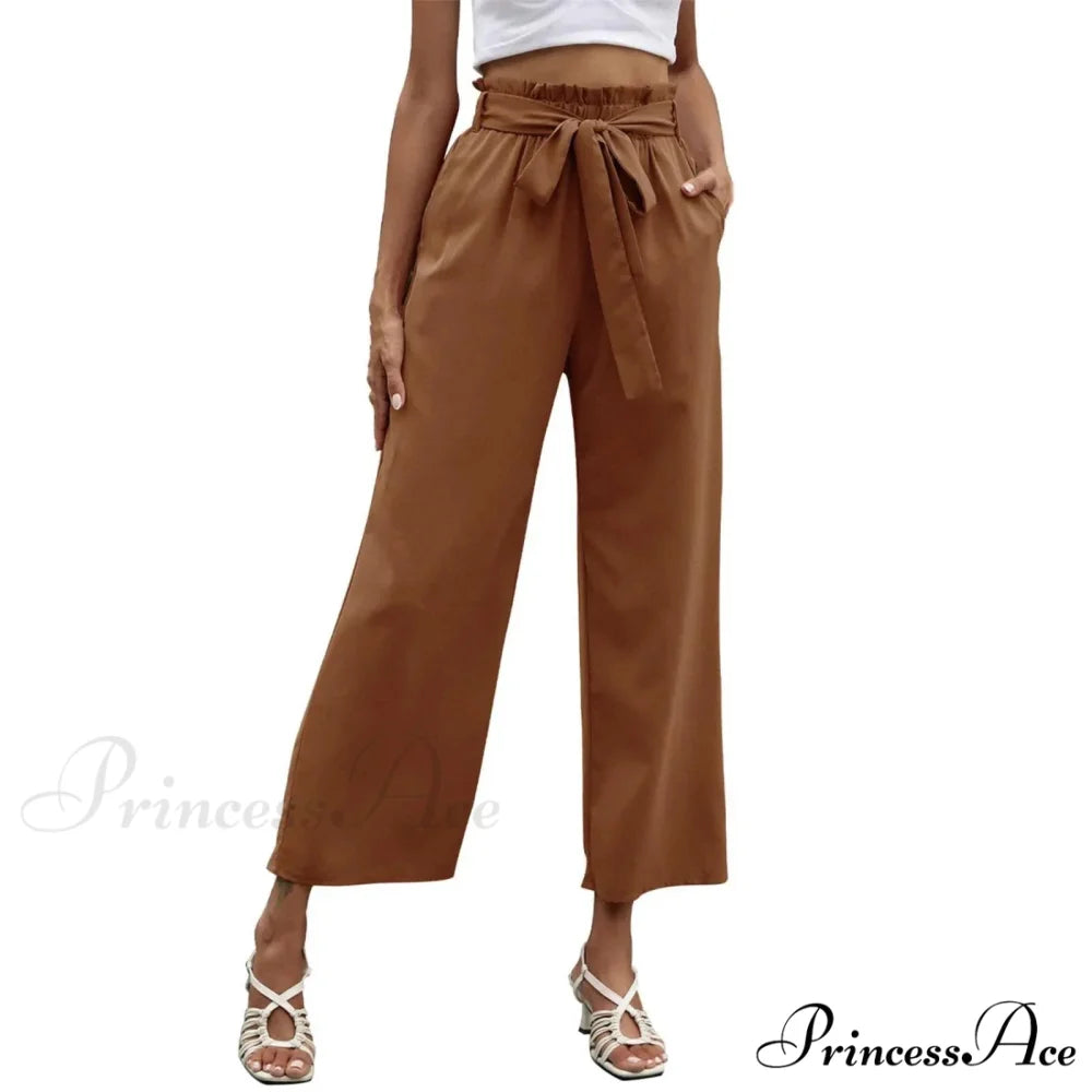 Pleated Cotton Linen Trousers with Ribbon Belt Coffee / S pants-241228