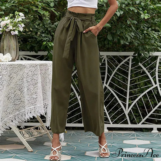 Pleated Cotton Linen Trousers with Ribbon Belt green 1 / S pants-241228