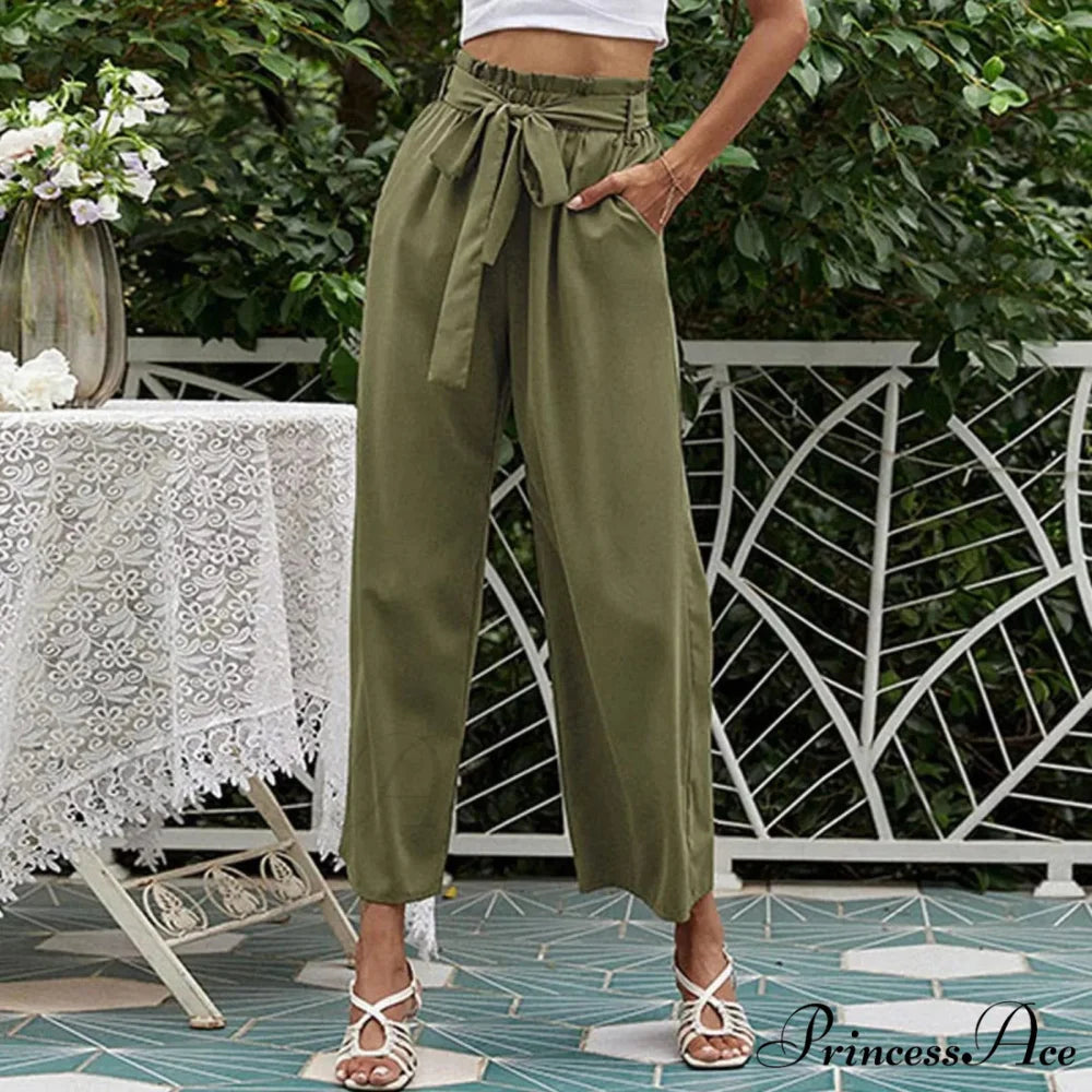 Pleated Cotton Linen Trousers with Ribbon Belt green 2 / S pants-241228