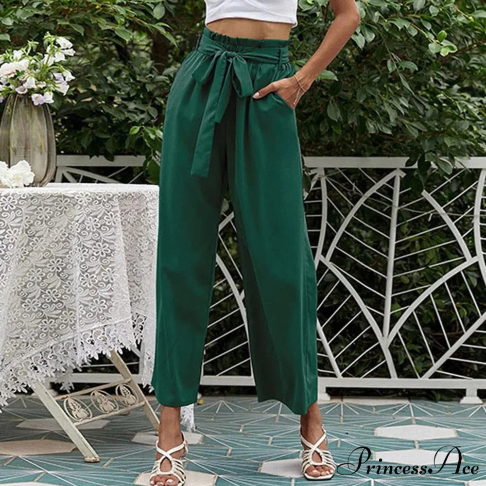 Pleated Cotton Linen Trousers with Ribbon Belt green 3 / S pants-241228