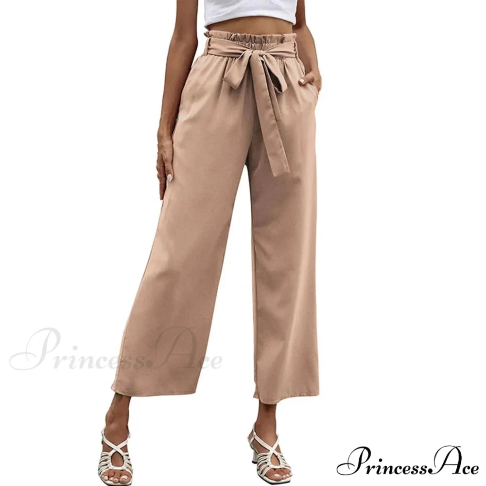 Pleated Cotton Linen Trousers with Ribbon Belt Khaki / S pants-241228