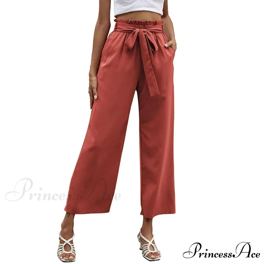 Pleated Cotton Linen Trousers with Ribbon Belt Red / S pants-241228