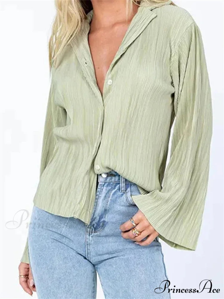 Pleated Deep-neck Button-Up Top blouse-250223