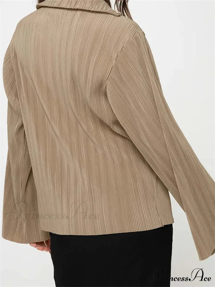 Pleated Deep-neck Button-Up Top blouse-250223