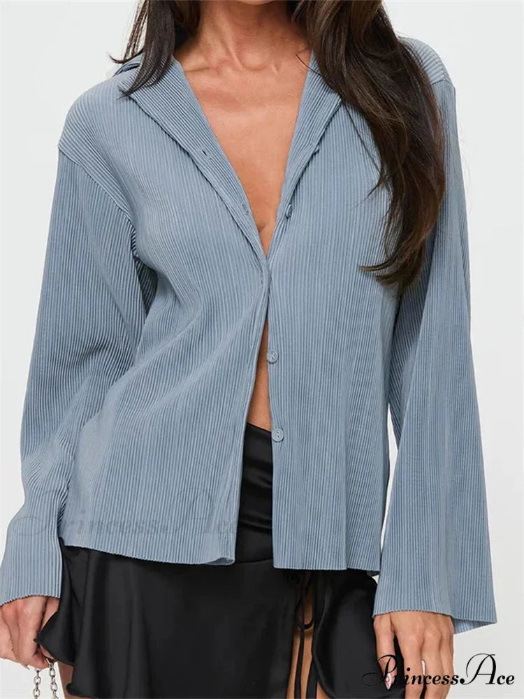 Pleated Deep-neck Button-Up Top blue / S blouse-250223