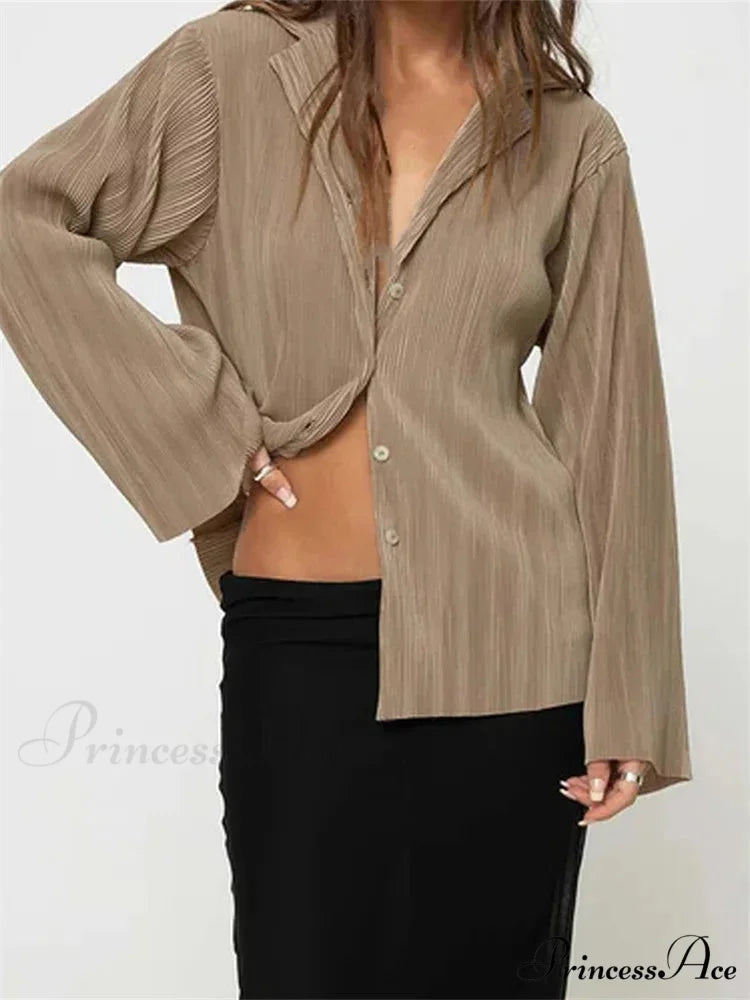 Pleated Deep-neck Button-Up Top brown / S blouse-250223
