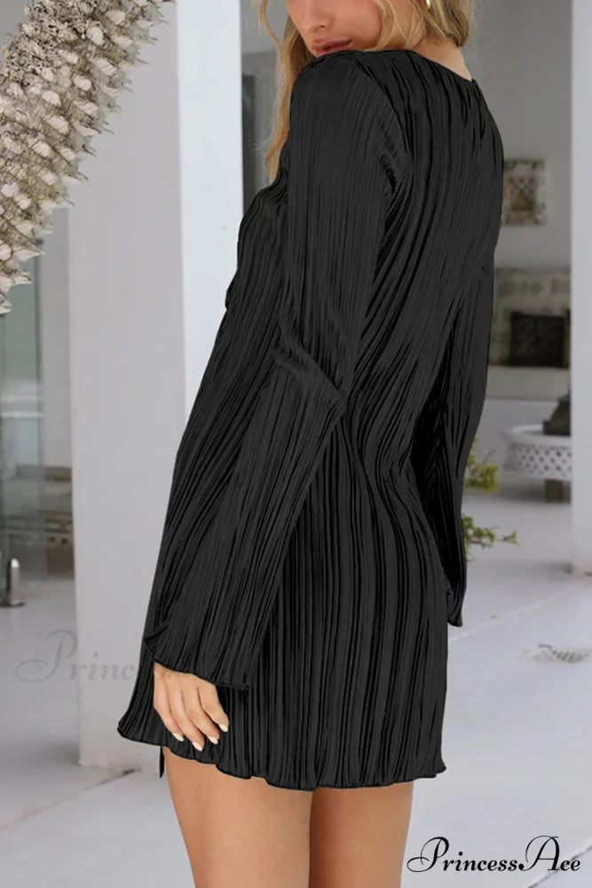 Pleated Flares Sleeve Mini Dress with Tie-up Black / M