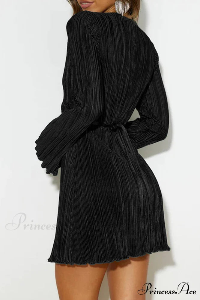 Pleated Flares Sleeve Mini Dress with Tie-up Black / XL