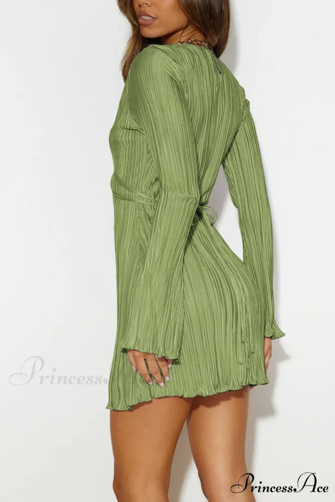 Pleated Flares Sleeve Mini Dress with Tie-up Grass Green / L