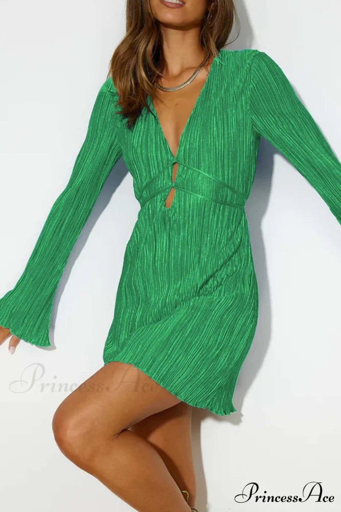 Pleated Flares Sleeve Mini Dress with Tie-up Green / L