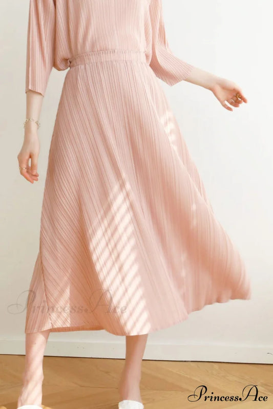Pleated High Waist Skirt - Solid Color Pink / One Size