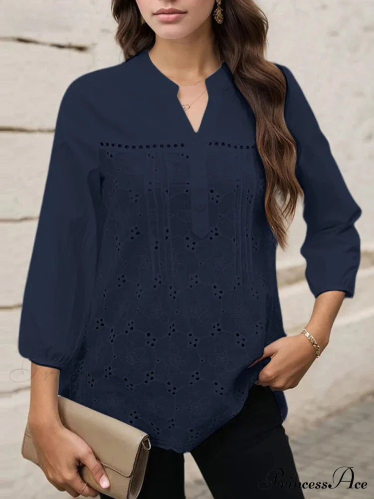 Pleated Lace Insert V-neck 3/4 Sleeve Blouse Modified Title: Folded Lace Insert V-neck Three-Quarter Sleeve Top Dark