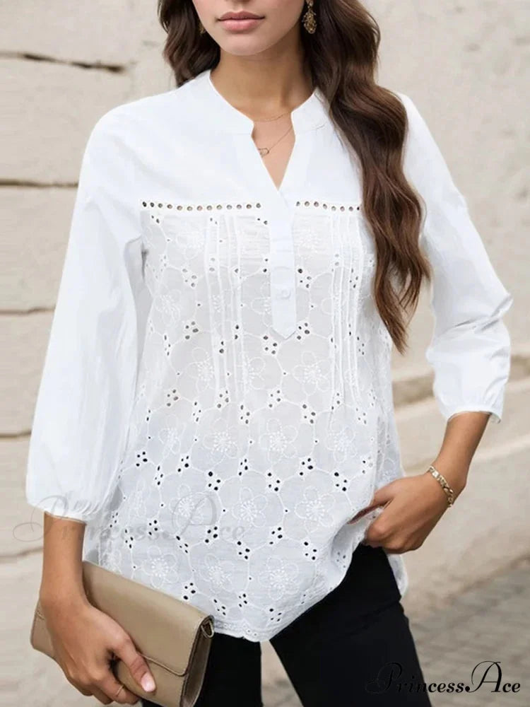 Pleated Lace Insert V-neck 3/4 Sleeve Blouse Modified Title: Folded Lace Insert V-neck Three-Quarter Sleeve Top WHITE
