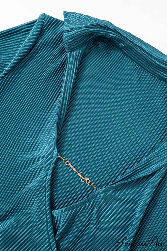 Pleated Lapel Mini Dress with Low Cut